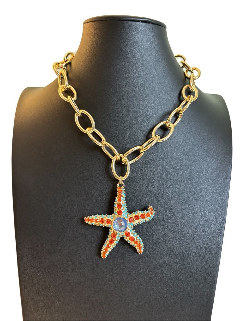 Betsey Johnson Vibrant Starfish Pendant On Gold Tone Open Link Chain.
